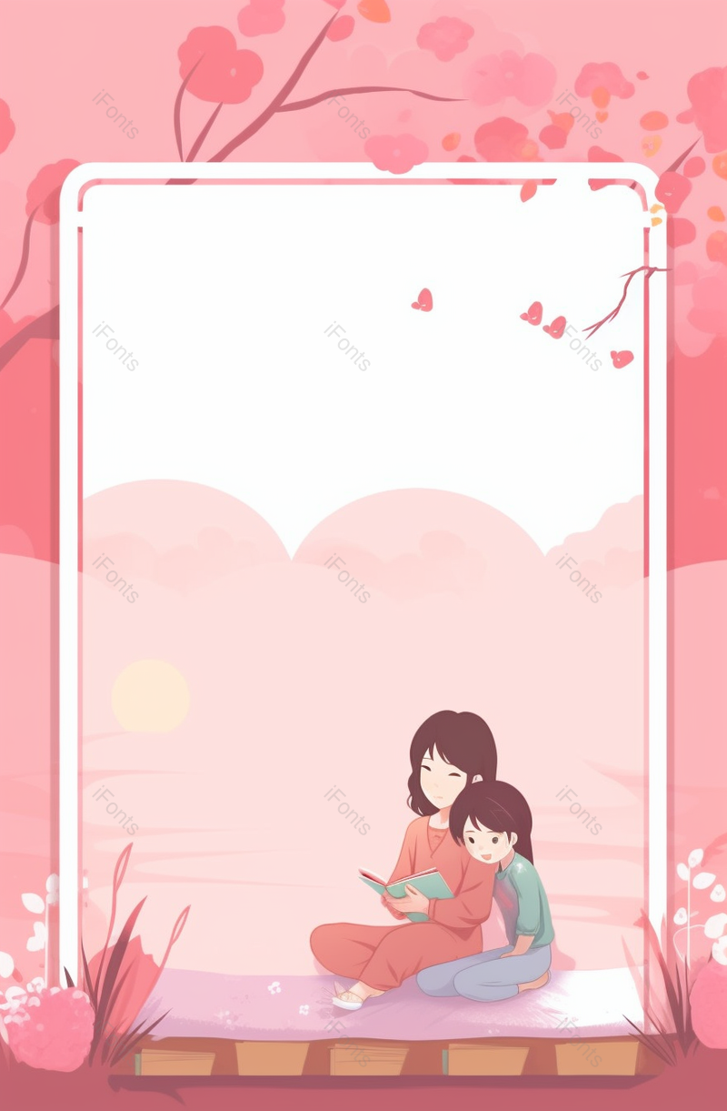 粉色系温馨母亲带孩子海边看书卡通背景图,插画/手绘图,插画/手绘图库,插画/手绘图下载,插画/手绘